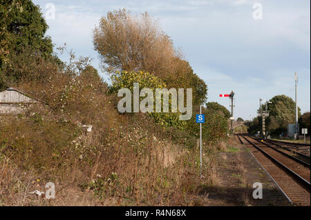 Oulton Broad North Railway Station, Suffolk, Looking east showing an unused and weed bound platform. Stock Photo