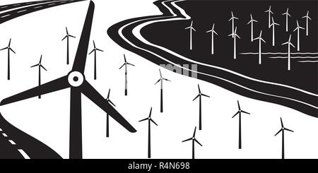 Wind turbines on land and at sea - vector illustration Stock Vector