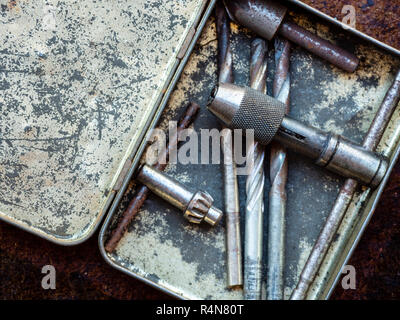 Drill bits in metal box Stock Photo