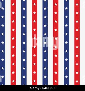 USA background seamless pattern. Composition with blue, red strips and white stars. Vector illustration. Stock Vector