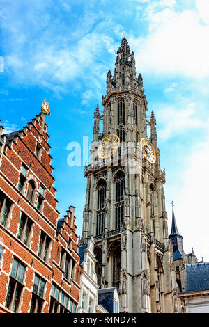 Traditional flemish architecture in Belgium - Grote Markt square Antwerpen city with cathedral. Stock Photo