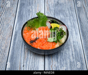 A selection of Japanese food, salmon wasabi don Stock Photo