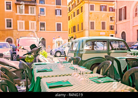 Scenic view from terrace of a cafe on streets of Trastevere in Rome Stock Photo