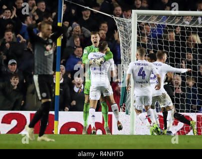 Leeds United goalkeeper Bailey Peacock-Farrell celebrates after saving a penalty during the Sky Bet Championship match at Elland Road, Leeds. Stock Photo