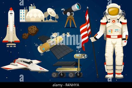 Astronaut in space. Spaceman explores the galaxy. Set of astronomical universe. cosmonaut explore adventure. Interplanetary travels in the world. telescope, robot and mars lunar rover. Stock Vector