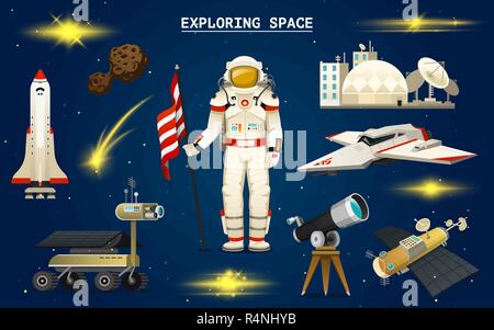 Astronaut in space. Spaceman explores the galaxy. Set of astronomical universe. cosmonaut explore adventure. Interplanetary travels in the world. telescope, robot and mars lunar rover. Stock Vector