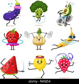 Sports fruit characters. Set of Cute healthy vegetables and funny face berries. Happy food strawberry eggplant banana watermelon broccoli avocado turnip. vegetarian vitamin diet and fitness concept. Stock Vector