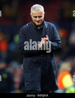 Manchester United manager Jose Mourinho applauds the fans after the final whistle during the UEFA Champions League, Group H match at Old Trafford, Manchester. PRESS ASSOCIATION Photo. Picture date: Tuesday November 27, 2018. See PA story soccer Man Utd. Photo credit should read: Martin Rickett/PA Wire.