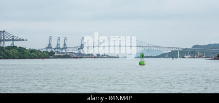 Bridge of the Americas  (Puente de las Americas).  Once known as Thatcher Ferry Bridge, near shipping zone in Panama close to the Panama Canal. Stock Photo