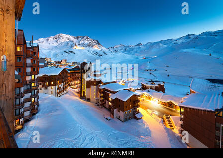 Panorama of famous Val Thorens in french alps by night, Vanoise, France Stock Photo