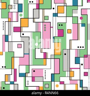 Colorful green, orange and pink rectangles with black outlines abstract pattern on white background Stock Vector