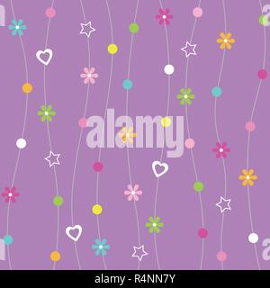 Hearts, flowers, dots and stars pattern with curved lines on purple background Stock Vector