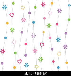 Hearts, flowers, dots and stars pattern with curved lines on white background Stock Vector