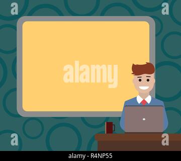 Business Empty template for Layout for invitation greeting card promotion poster voucher. Blank Bordered Board behind Man Sitting Smiling with Laptop  Stock Vector