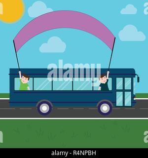 Design business Empty copy space text for Ad website promotion isolated Banner template. Two Kids Inside School Bus Holding Out Banner with Stick on a Stock Vector