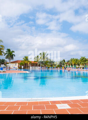 Beautiful swimming pool at a resort in Jibacoa Cuba in portrait orientation. Stock Photo