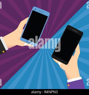Design business concept Empty template copy space text for Ad website isolated. Two Hu analysis Hands Each Holding Blank Smartphone Mobile on Sunburst Stock Vector