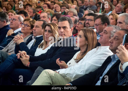 Malaga, Marbella, Spain. 27th Nov, 2018. Spain's Prime Minister and Socialist Party leader (PSOE) Pedro Sanchez (C), and the President of Andalusia and candidate for the regional elections to lead the Andalusia government Susana DÃŒaz (R), are seen attending a rally during the campaign of regional elections in Andalusia. Credit: Jesus Merida/SOPA Images/ZUMA Wire/Alamy Live News Stock Photo