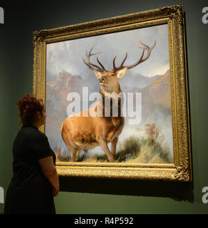 London, UK. 28th November, 2018. The Monarch of the Glen goes on display at The National Gallery. Painted around 1851 by English artist Sir Edwin Landseer, it depicts a royal stag and is arguably the world’s best known animal painting. Credit: Howard Jones/Alamy Live News Stock Photo