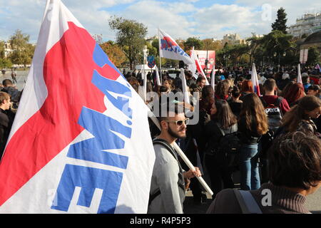 Thessaloniki, Greece, 28th November, 2018.  Protesters from the PAME union attend a rally during a 24-hour walkout staged by Greece's largest private sector union GSEE  against planned pension cuts and to demand the reversal of labour reforms implemented under the country's third bailout. The strike by the GSEE union is the second major strike since Greece exited its bailout programm in August. Credit : Orhan Tsolak / Alamy Live News. Stock Photo