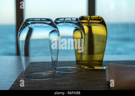 Table for two in shipboard restaurant by window Stock Photo