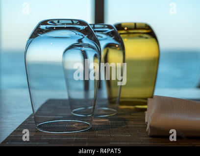 Table for two in shipboard restaurant by window Stock Photo