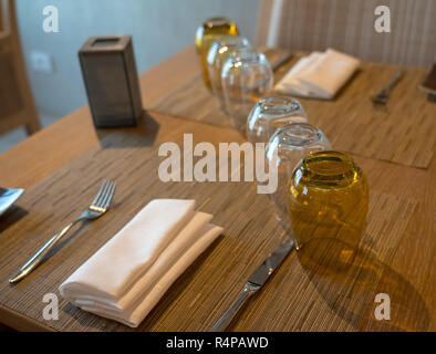 Table for two in shipboard restaurant by window Stock Photo