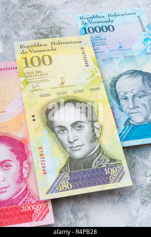 Venezuela Bolivar banknotes on faux stone b/gd - for Hyperinflation in the Venezuelan economy, where banknotes are almost worthless. SEE ADDIT. NOTES Stock Photo