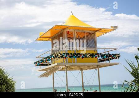 Lifeguard observation tower on the Gold Coast with christmas decorations on the tower,Gold Coast,Queensland,Australia Stock Photo