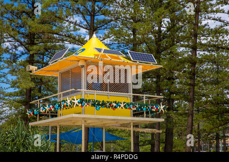 Lifeguard observation tower on the Gold Coast with christmas decorations on the tower,Gold Coast,Queensland,Australia Stock Photo