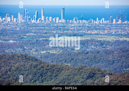 View of Springbrook national park in the Gold Coast hinterland and skyscrapers at Surfers Paradise,Gold Coast,Queensland,Australia Stock Photo