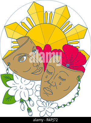 Drama Mask Philippine Sun Hibiscus Sampaguita Flower Mono Line Stock Photo