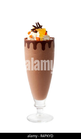 Glass of chocolate creamy with fruit on white background Stock Photo