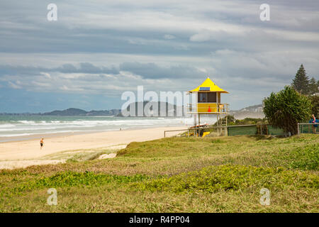 Gold Coast famous for its beaches and coastline, here with lifeguard yellow observation tower,Queensland,Australia Stock Photo