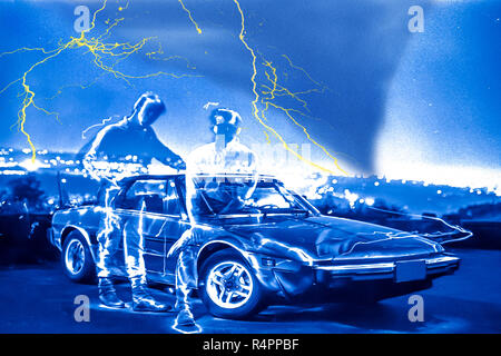 Flashlight exposure with film, tornado and lighting are real taken years later. Stock Photo