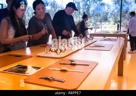 Apple Visitor Center, San Jose, California, United States (USA) - August 5, 2018: Guest customers are interested in Apple products, apple watch Stock Photo