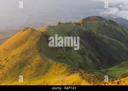 The beauty of the teletubbies hill on Mount Merbabu in the morning Stock Photo