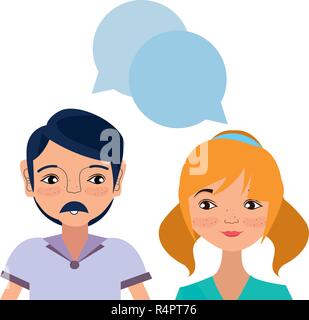 Couple woman and man smiling cartoon with speech bubbles vector illustration graphic design Stock Vector