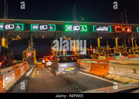 Toll,booth,booths,at,M4,Severn Bridge,crossing from England into Wales.Fee has been reduced in 2018,the tolls will be scrapped,on, December,17,2018. Stock Photo