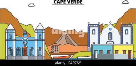 Cape Verde line skyline vector illustration. Cape Verde linear cityscape with famous landmarks, city sights, vector, design landscape. Stock Vector