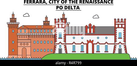 Ferrara, City Of The Renaissance - Po Delta  line travel landmark, skyline, vector design. Ferrara, City Of The Renaissance - Po Delta  linear illustration.  Stock Vector