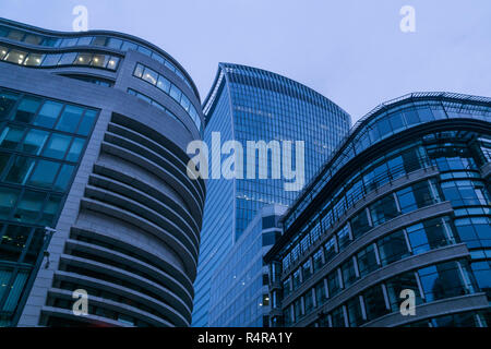 Buildings in the City of London at dusk, including the 'Walkie Talkie' building Stock Photo