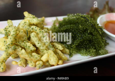 Fried Caulerpa lentillifera seaweed is a species of bryopsidale green algae Stock Photo