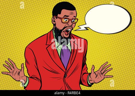 Shocked hipster bearded African American businessman says comic Stock Photo