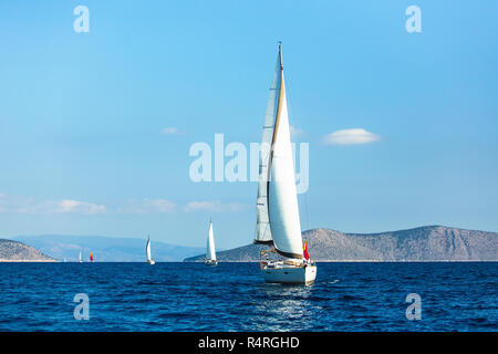 Sailing luxury boats during yacht regatta in the Aegean sea, Greece. Stock Photo