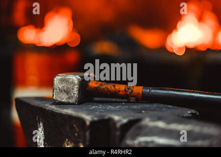 Hand anvil. hummers all blacksmith tools in forge. Stock Photo