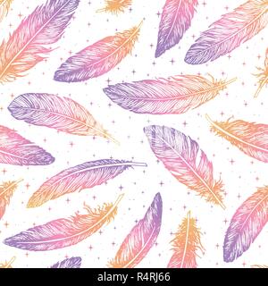 Hand drawn vector feathers line art seamless pattern on white starry background. Detailed bohemian decoration of gradient colors. Magical ornament for Stock Vector