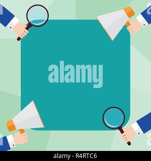 Design business concept Empty copy space modern abstract background. Hu analysis Hands Each Holding Magnifying Glass and Megaphone on 4 Corners Stock Vector