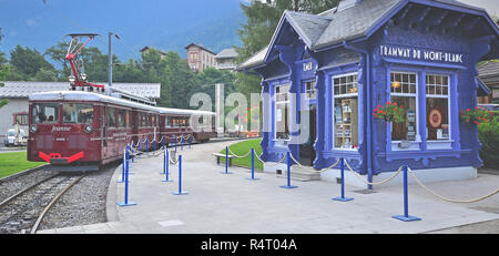 SAINT GERVAIS, FRANCE - AUGUST 13: Train at the Montblanc tramway station in Saint Servais on August 20, 2015. Mont Blanc Tramway is a mountain railwa Stock Photo