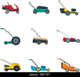 Lawnmower grass garden icons set. Flat illustration of 9 lawnmower grass garden vector icons isolated on white Stock Vector